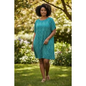 EMERY ROSE Women's 2XL Teal Blue Floral Short Sleeve Tiered Knee Length Dress